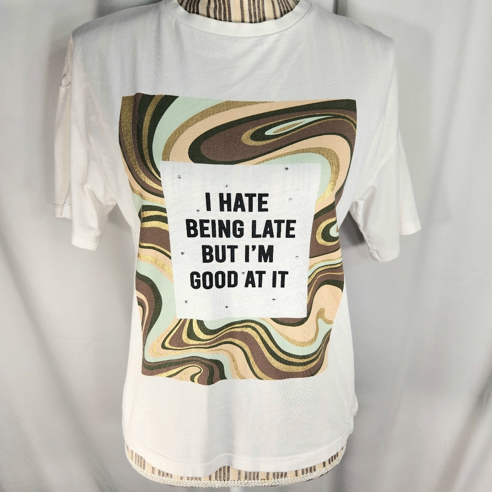Candy Couture White I Hate Being Late Gem Accents Short Sleeve Tee Shirt Size 11